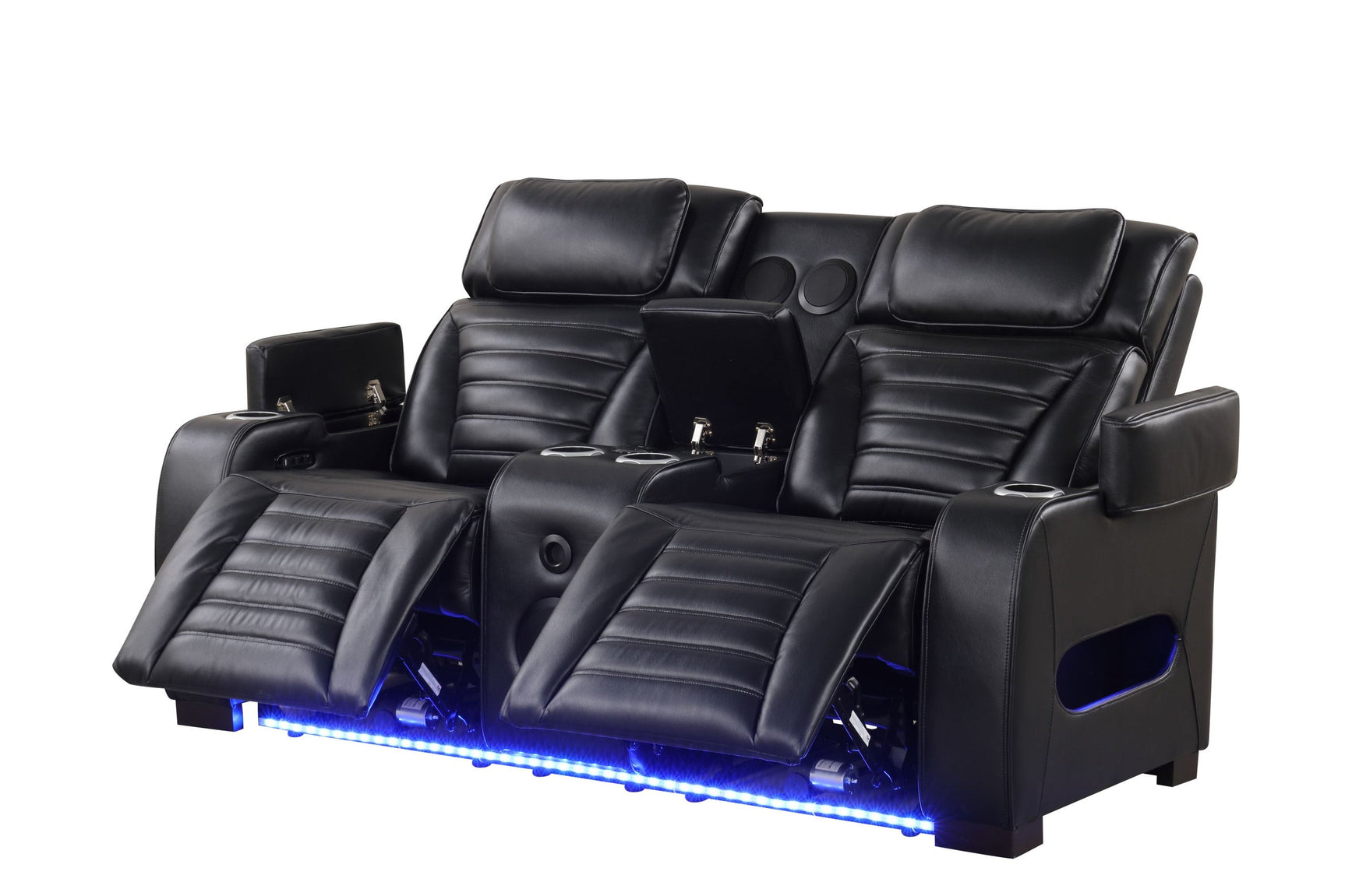 Close up of sofa drop-down table with LED lighting and charging ports