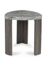End table with decorative items, angled view