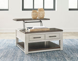 End table with distressed finish and metal bar pulls front angle