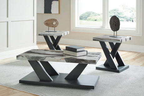 Toppa Gray end table front angle with faux marble top and dark grain base
