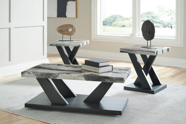 Toppa Gray end table front angle with faux marble top and dark grain base