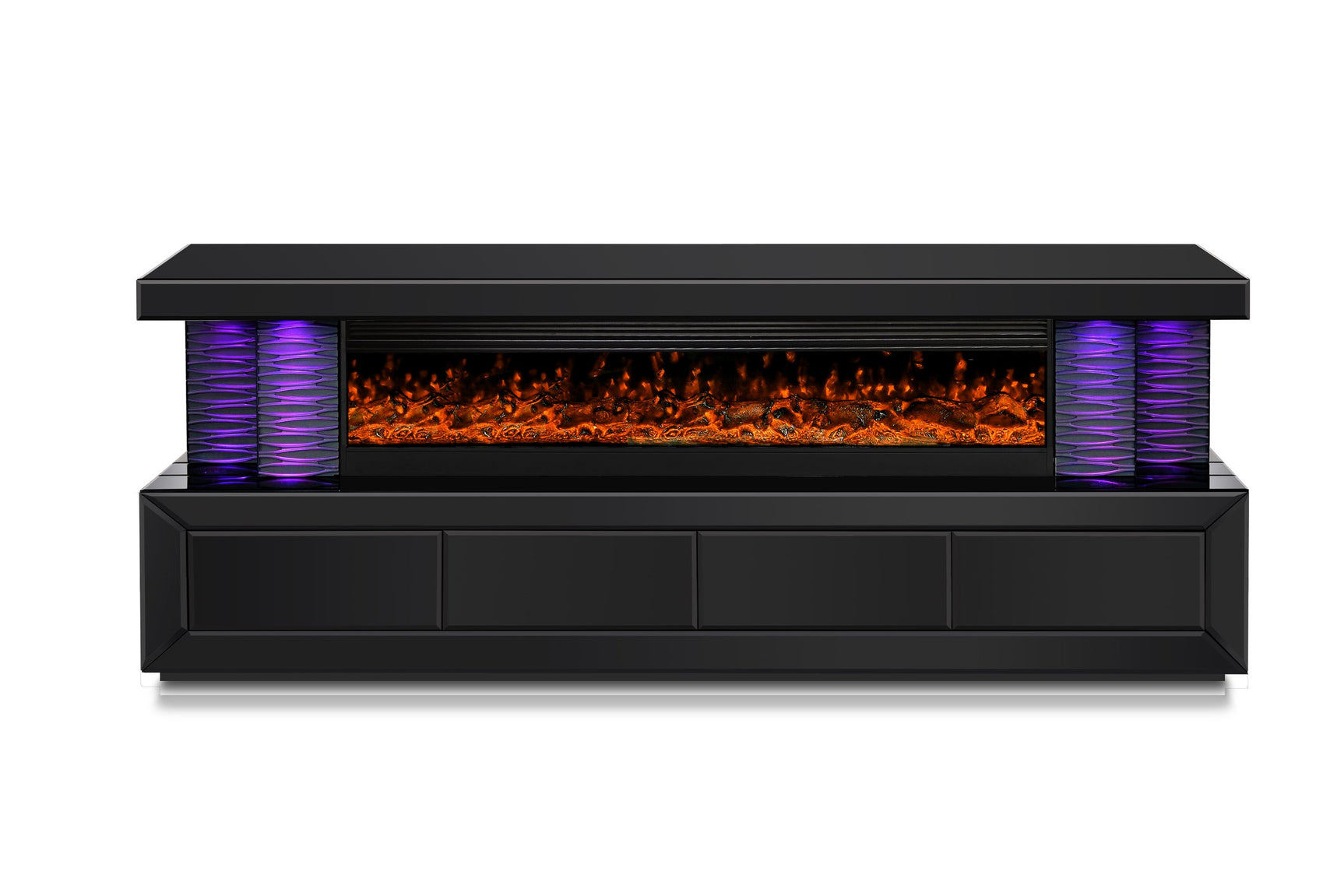 Full room setup with A98 Black TV stand and electric fireplace