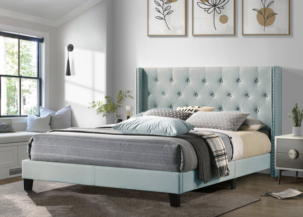 Side view of Hikaru teal upholstered queen bed