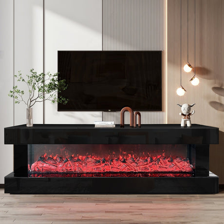 Front view of A86 Black Glass TV Stand with electric fireplace and Bluetooth speaker