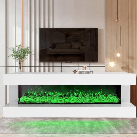 A85 white glass TV stand with electric fireplace front view
