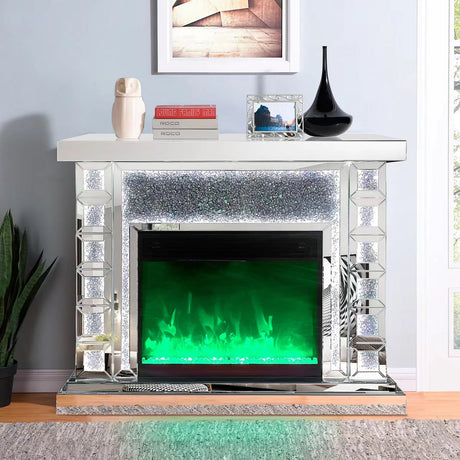 A90 Silver TV stand with glass and mirror finish, front view with electric fireplace