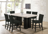 Side angle showing Finley black marble counter height dining table with six boucle chairs