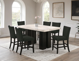 Front view of Finley black marble counter height dining table with six boucle chairs