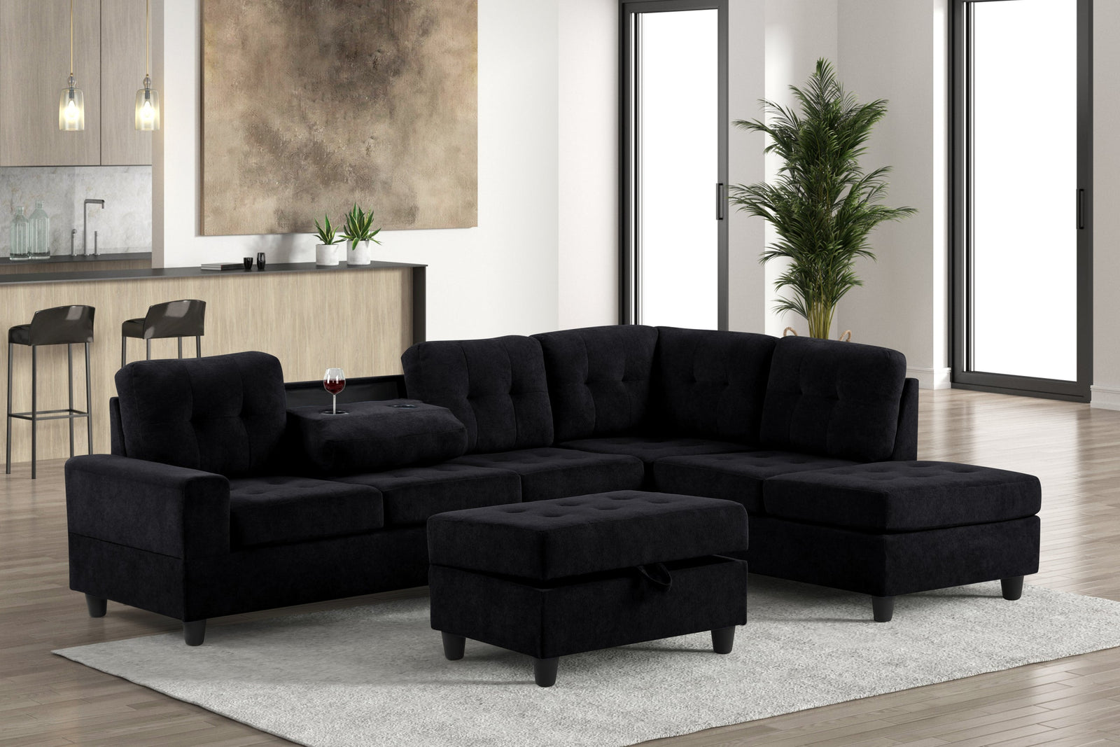 main view of Heights Black Reversible Sectional + Ottoman sectional sofa