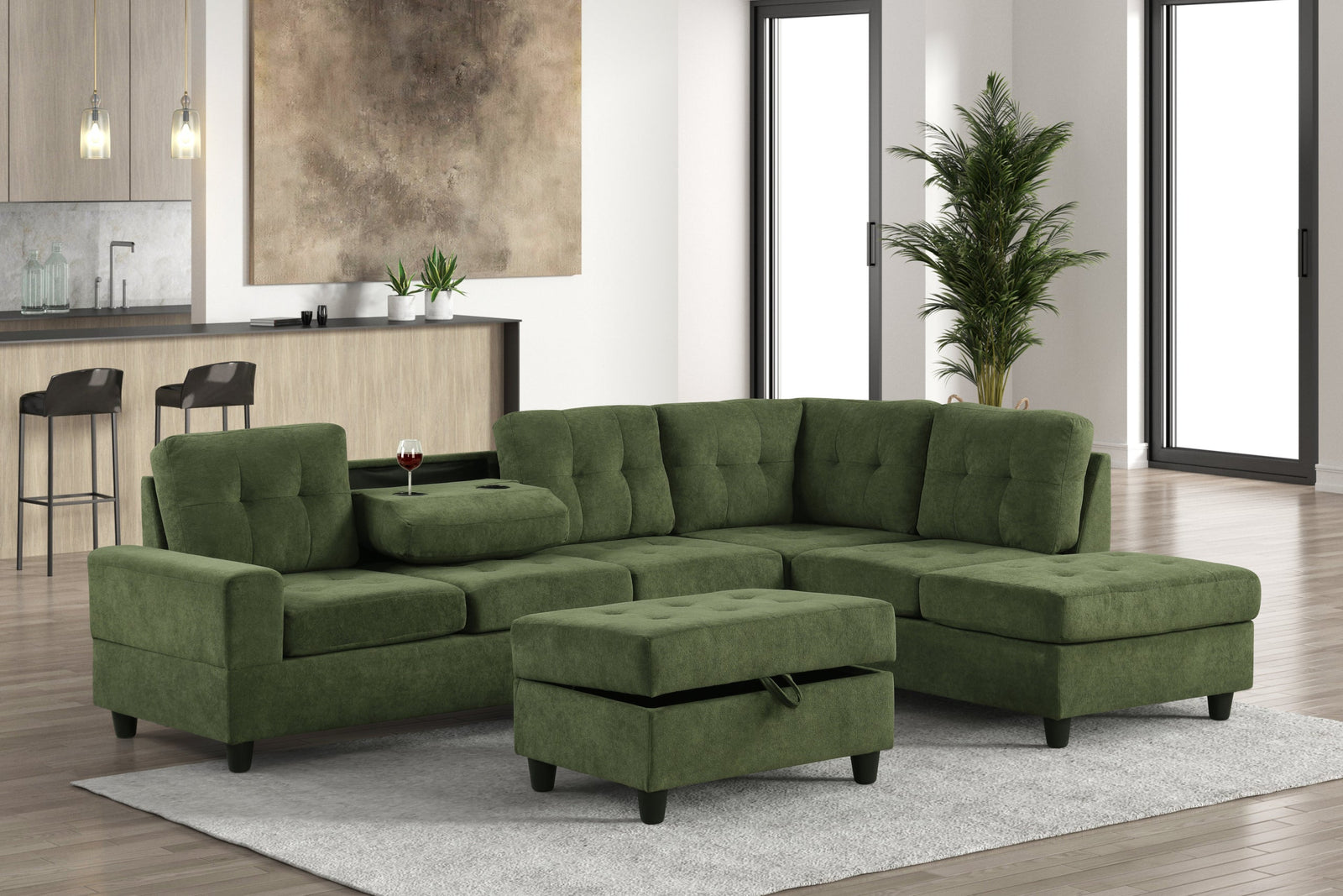main view of Heights Green Reversible Sectional + Ottoman sectional sofa