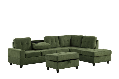 side view of Heights green reversible sectional sofa with storage ottoman