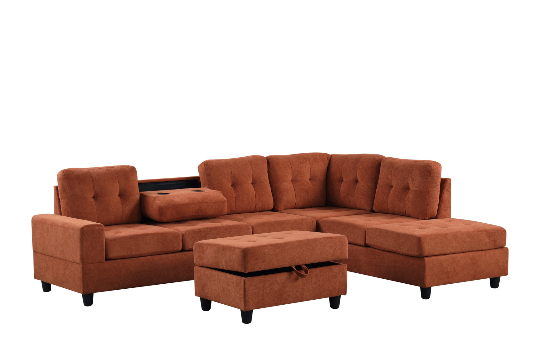 Side view of Heights rust orange reversible sectional sectional sofa with storage ottoman
