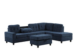Side view of Heights navy blue reversible sectional sofa with storage ottoman