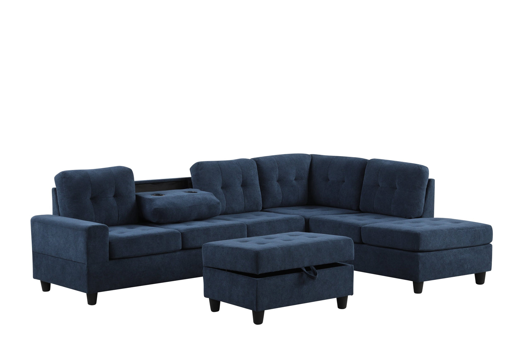 Side view of Heights navy blue reversible sectional sofa with storage ottoman