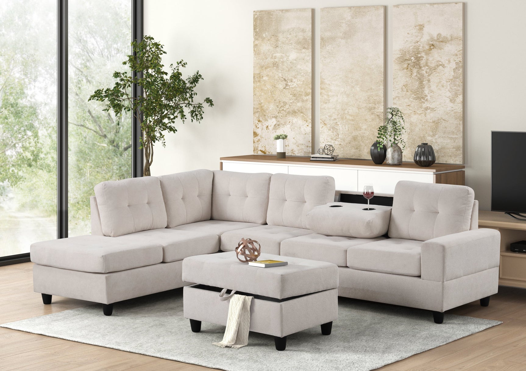 Side view of Heights Beige Reversible Sectional Sofa showing chaise and storage ottoman