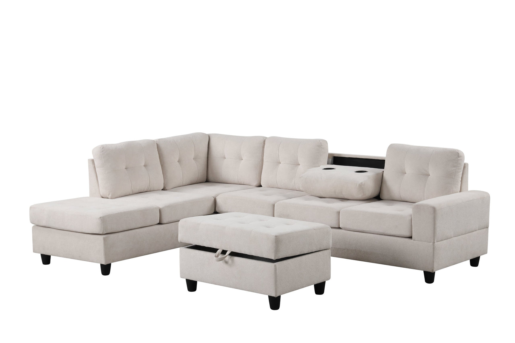 Close-up detail of Heights Beige Sectional Sofa fabric and drop-down cup holder table
