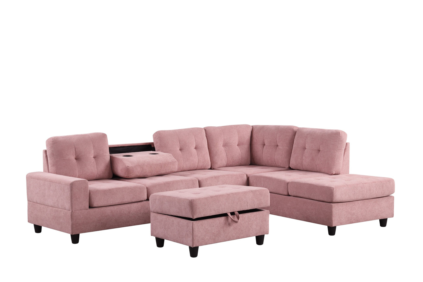 Side view of Heights Pink Reversible Sectional Sofa with Storage Ottoman