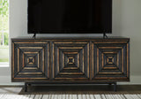 Front view of distressed black accent cabinet