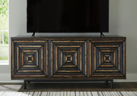 Front view of distressed black accent cabinet