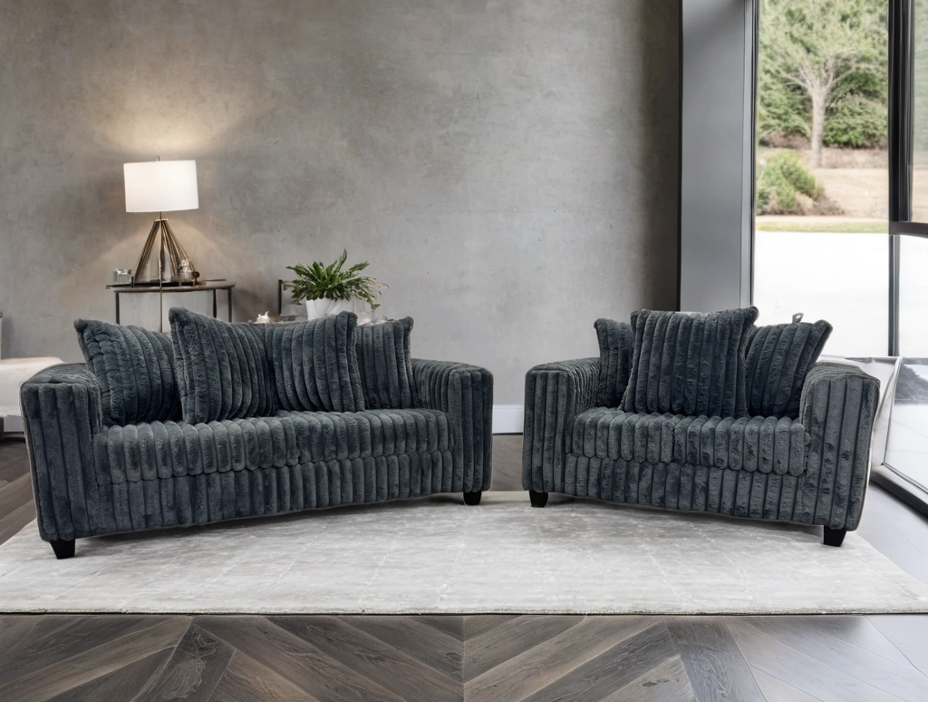 main view of FiveTen Charcoal Velvet Sofa & Loveseat Set furniture