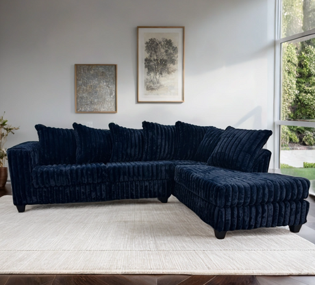 FiveTen Navy Velvet Sectional sofa with LAF sofa and RAF chaise in navy velvet
