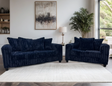 FiveTen Navy Velvet Sofa and Loveseat Set front view showing navy velvet upholstery