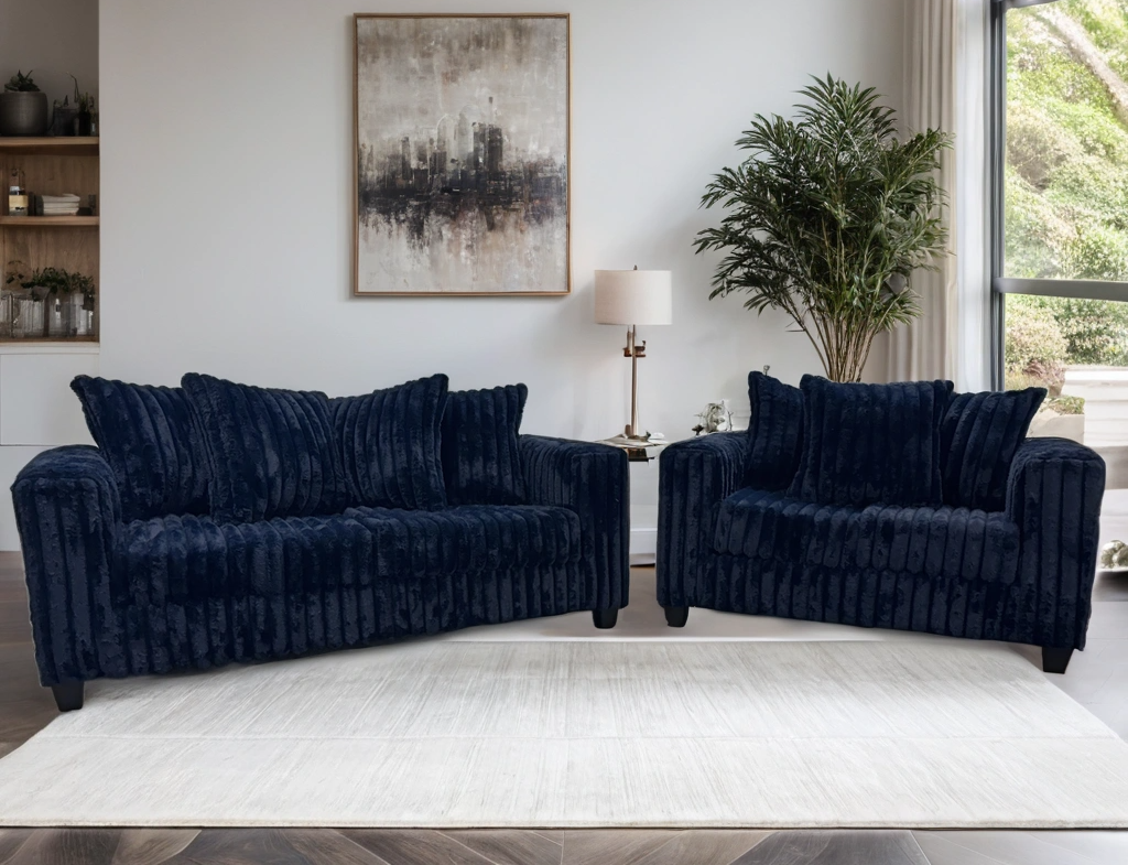 main view of FiveTen Navy Velvet Sofa & Loveseat Set furniture