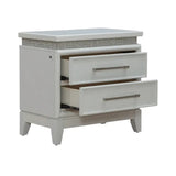 Side angle of Seveny Silver Nightstand showing its silver finish and compact design