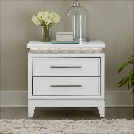 Front view of Seveny Silver Nightstand highlighting LED lighting and USB charging ports