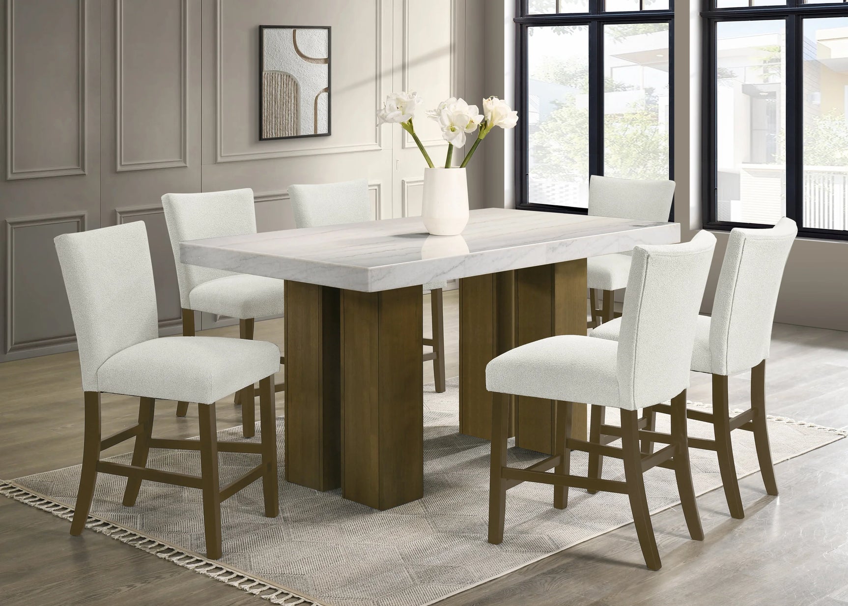 main view of Capri Brown White Genuine Marble Counter Height Table + 6 Chairs furniture