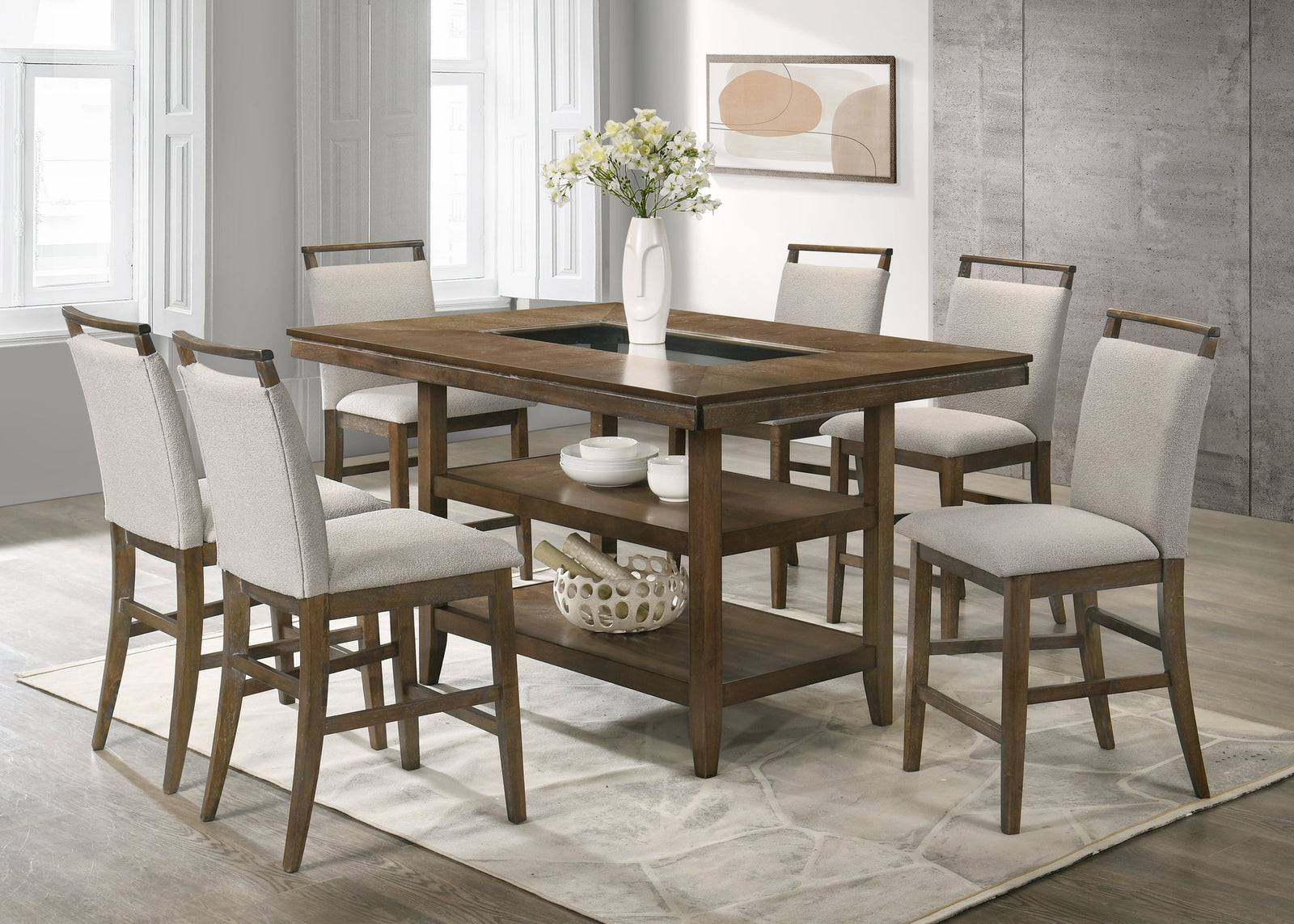main view of Tommy Brown Counter Height Table + 6 Chairs Set furniture