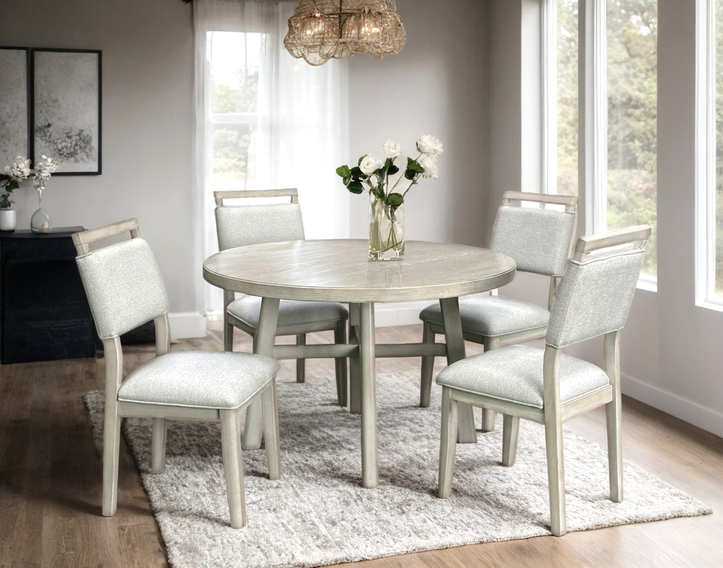 Domino light gray round dining table with four chairs, main view