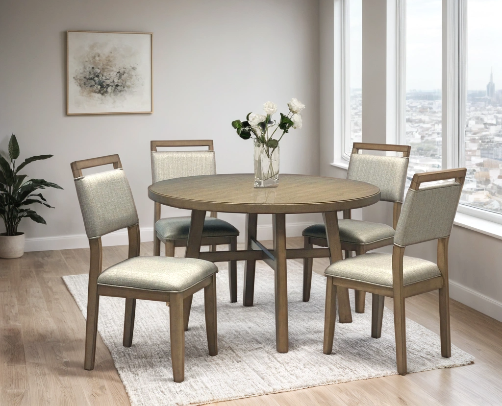front view of Domino Light Brown Round Dining Table with 4 Chairs dining set