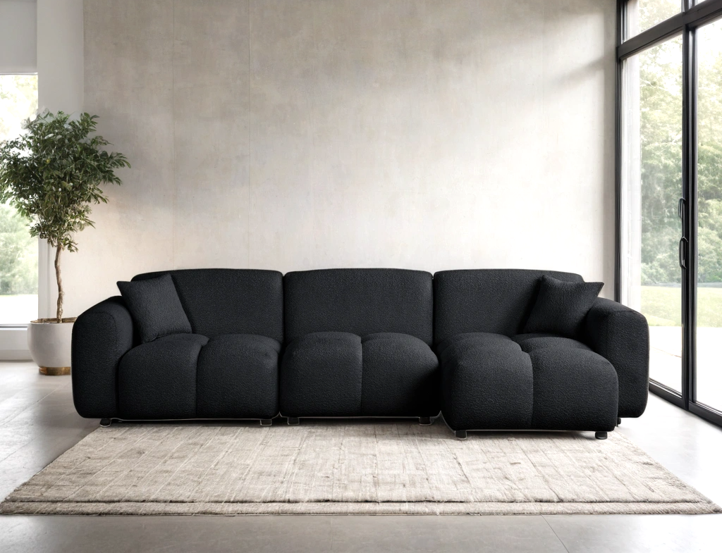 Detail of Bella Black Boucle fabric on sectional sofa