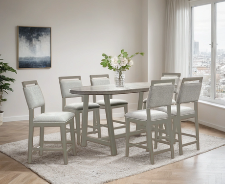 Duss light gray counter height dining table with six chairs main view