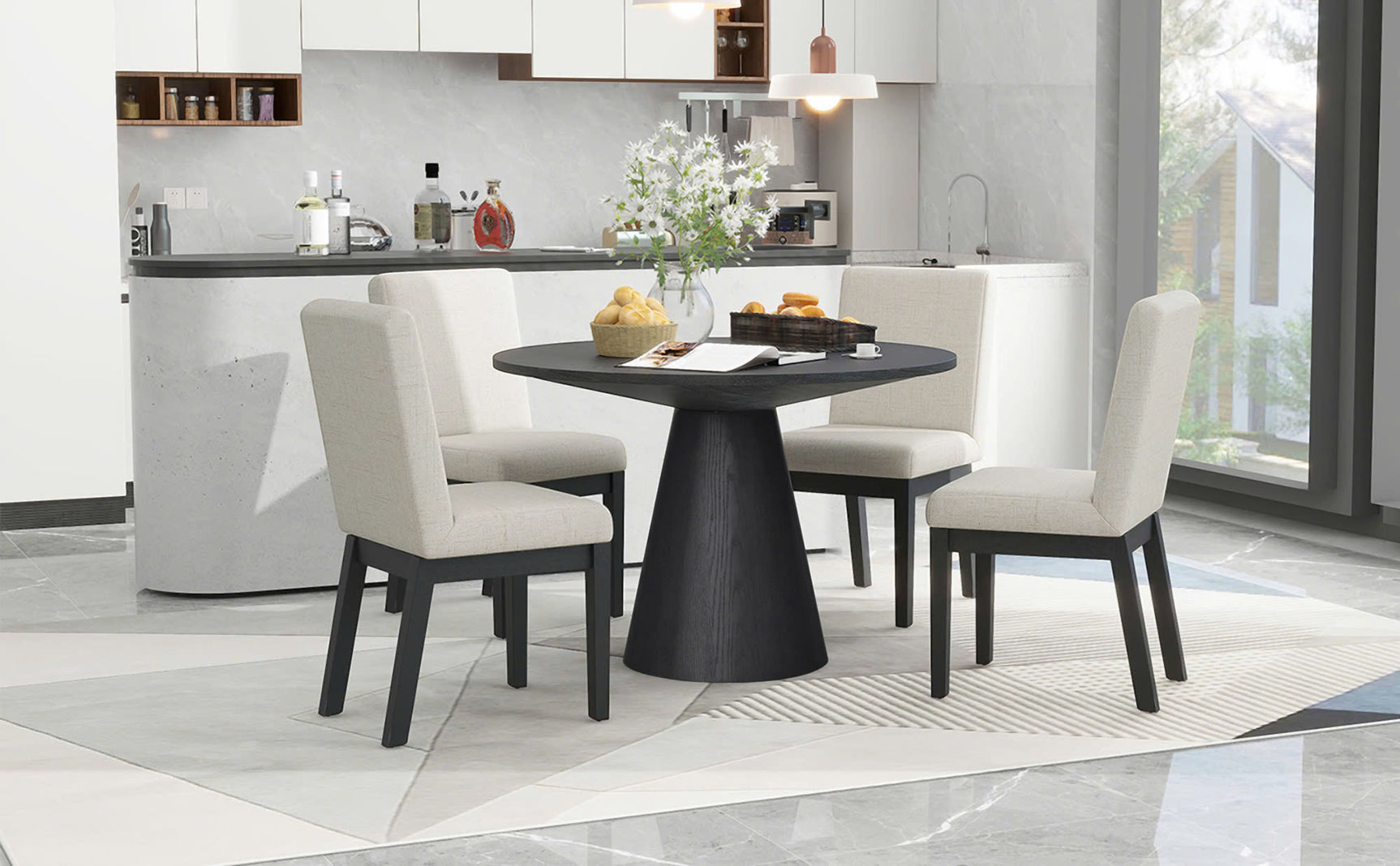 Ditu Black round dining table with four chairs main view
