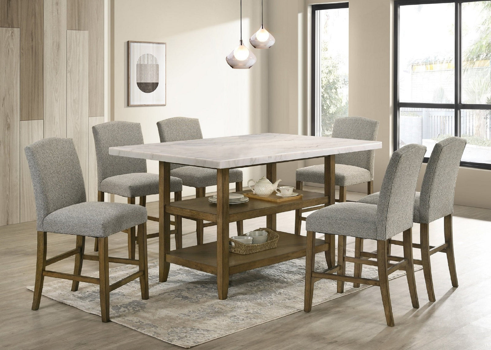 main view of Lola Gray Genuine Marble Counter Height Table + 6 Chairs furniture