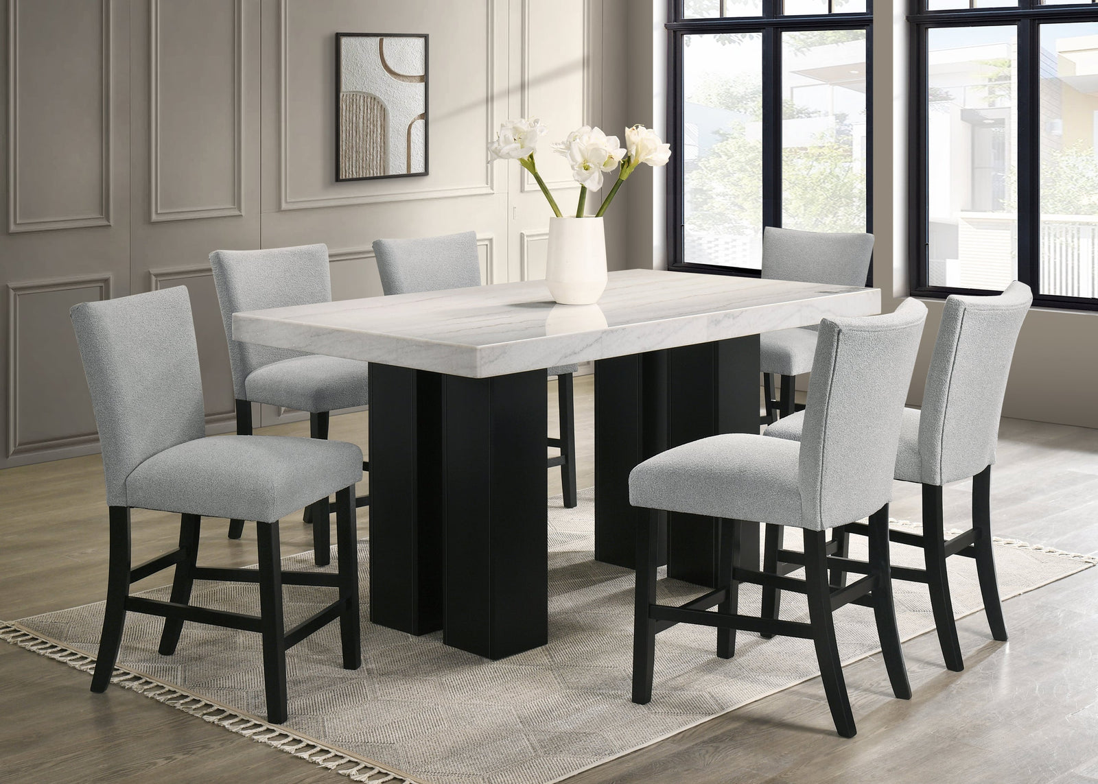 main view of Nola Gray Genuine Marble Counter Height Table + 6 Chairs furniture