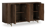 Accent cabinet interior showing shelves behind opened doors