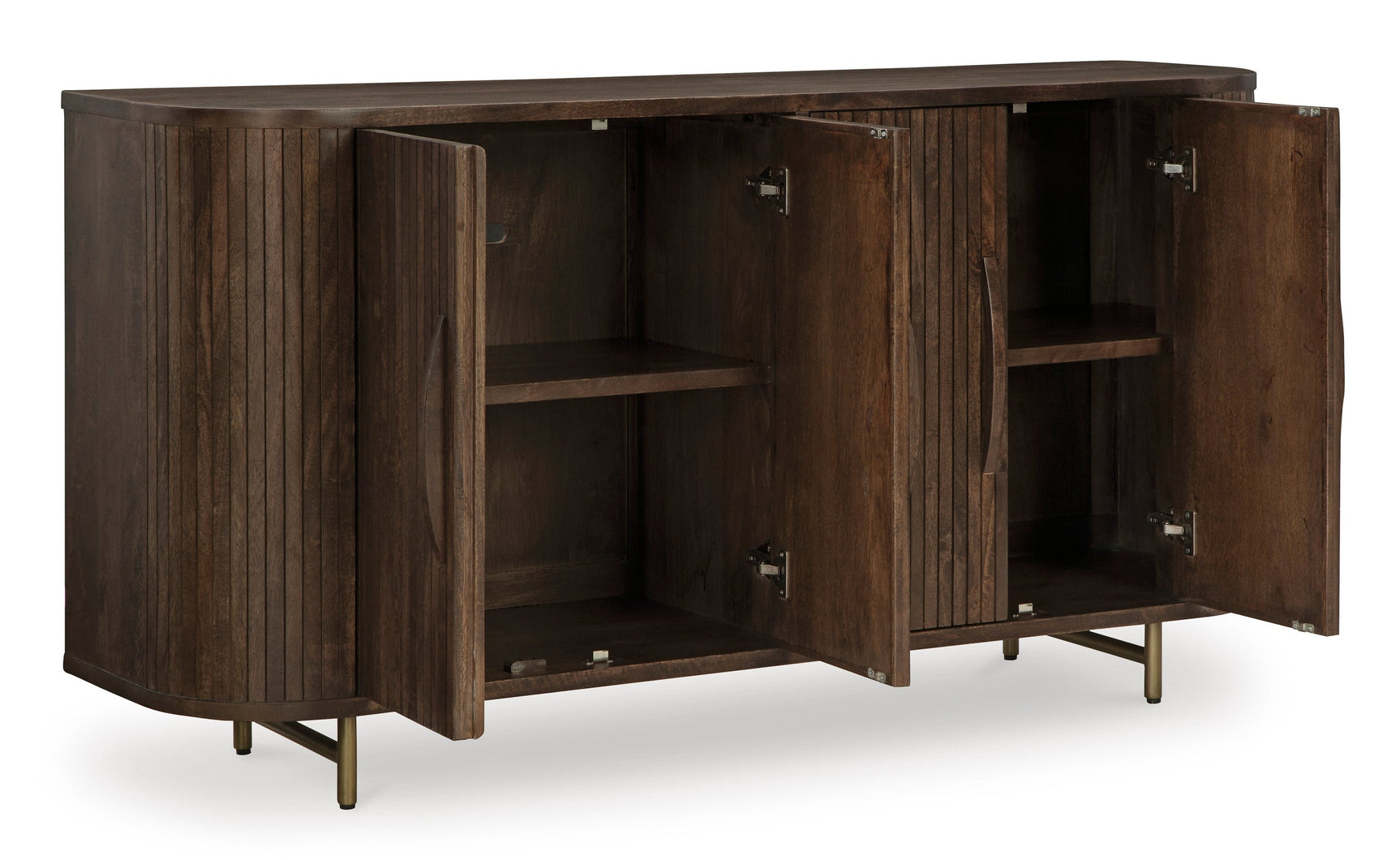 Accent cabinet interior showing shelves behind opened doors