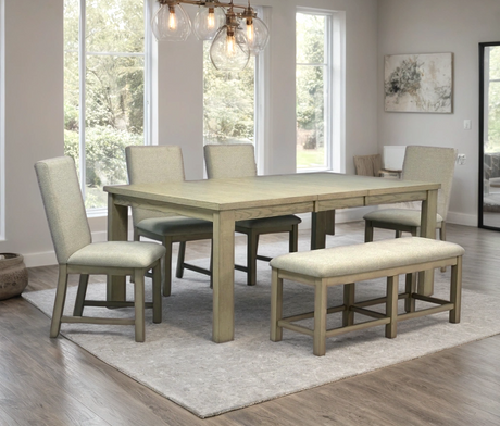 Ditu light gray rectangular dining table with four chairs and bench, side view
