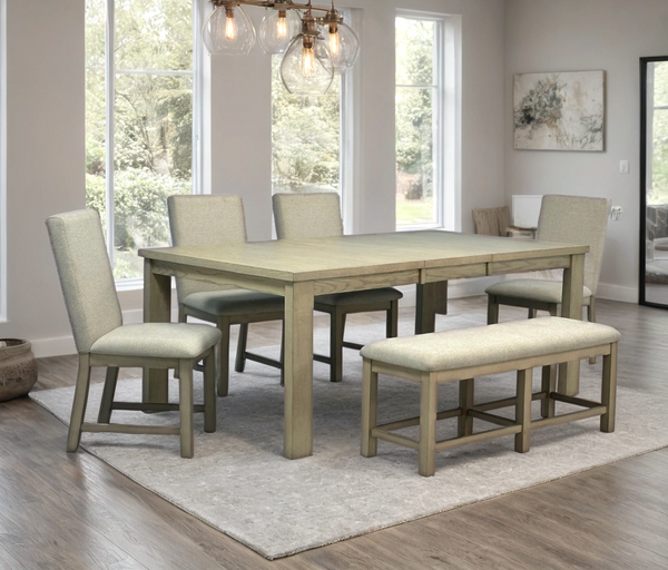 Ditu light gray rectangular dining table with four chairs and bench, side view