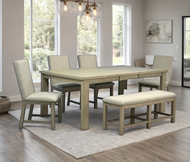 Ditu light gray rectangular dining table with four chairs and bench, side view