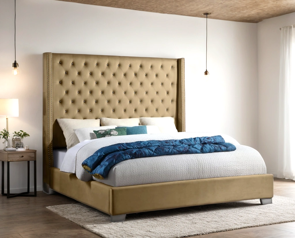 Light Brown velvet tufted headboard detail on king panel bed