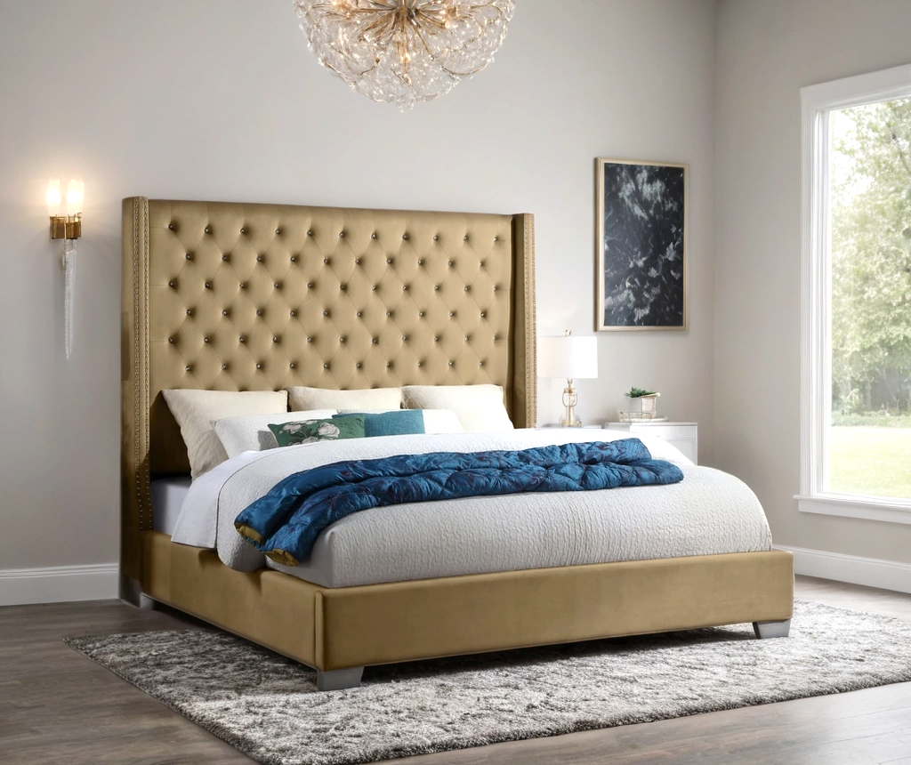 Diamond Light Brown 6ft Upholstered Tufted King Panel Bed side angle