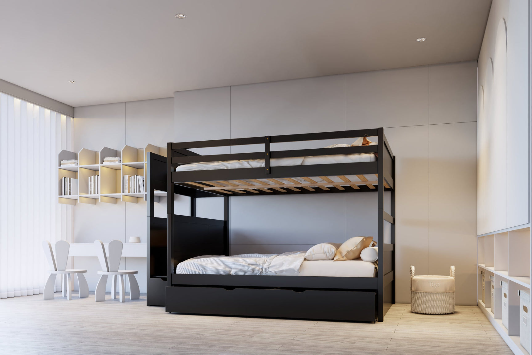 Babylon Black bunk bed rear angle with trundle pulled out