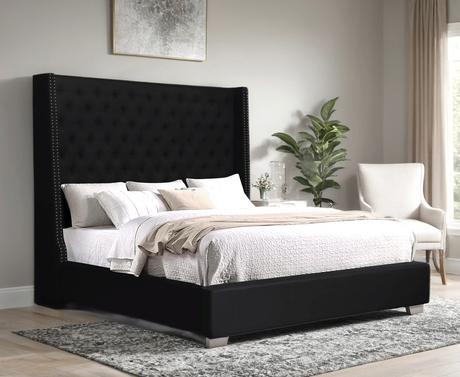 Julio Black Upholstered Tufted Panel Queen Bed viewed from front angle