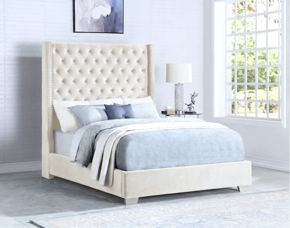 Alopa Cream Velvet 6Ft Tall Upholstered Tufted Platform King Bed from Decor Furniture