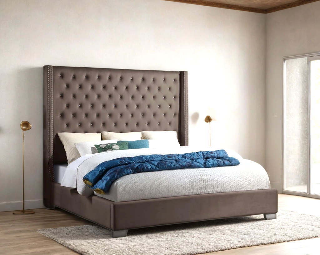 Side angle of Diamond King Bed showcasing tufted velvet upholstery