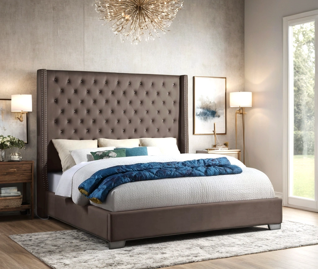 Diamond Mocha Velvet Tufted Upholstered Queen Bed front angled view